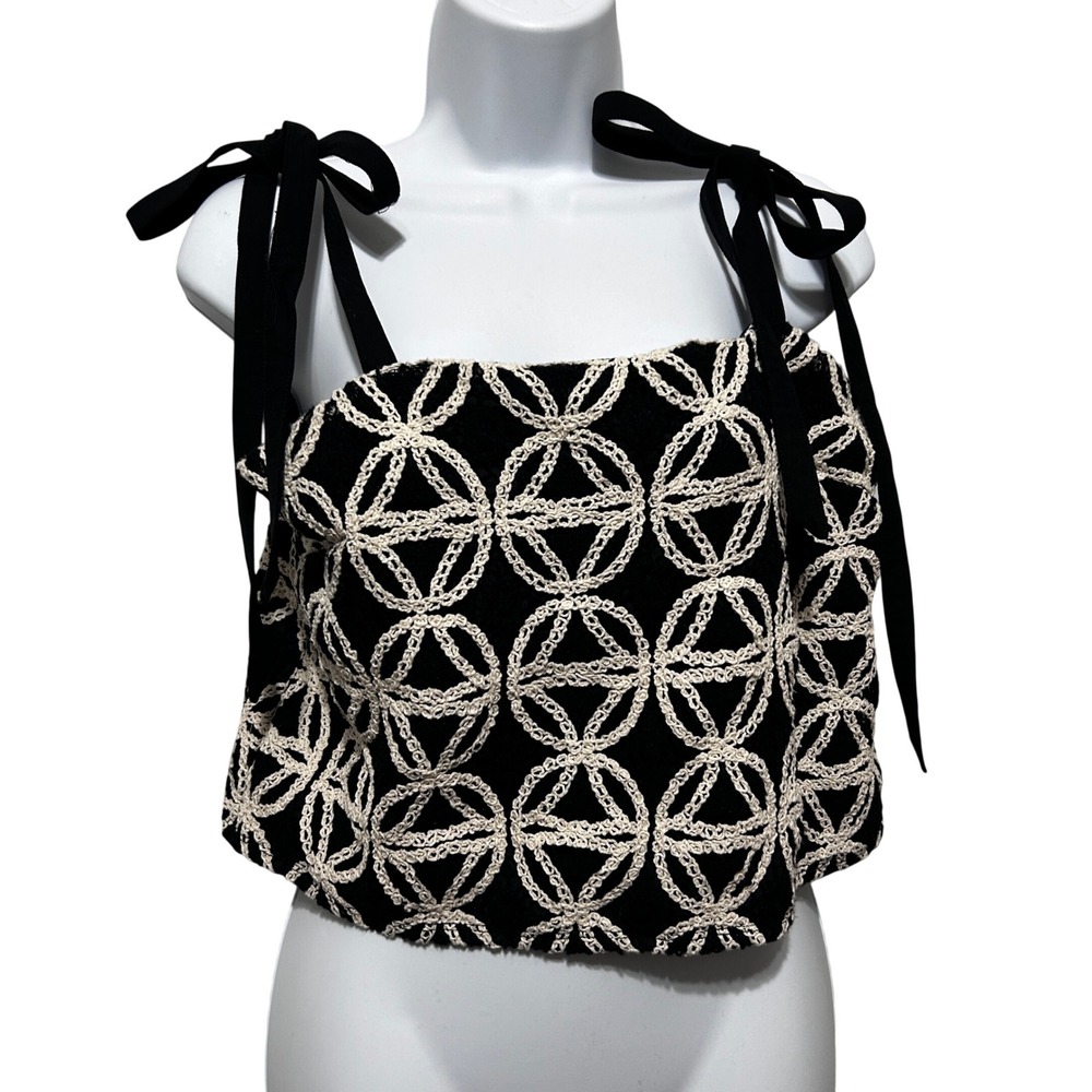 Express Womens Crochet Lace Overlay‎ Tie Strap Crop Top M Black Boho Festival